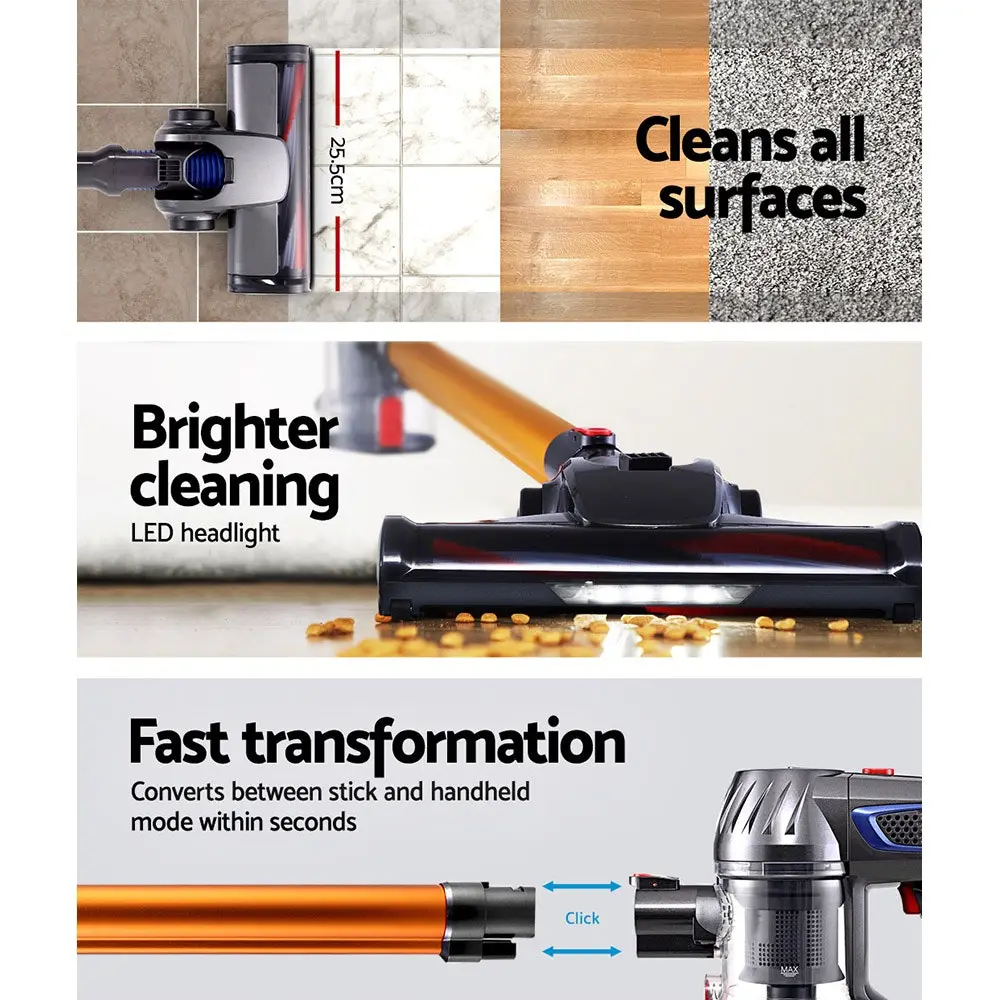 Devanti Cordless Handheld Vacuum Cleaner Stick Handstick Bagless Car 2-Speed LED Headlight (Gold) 7 Devanti Cordless Handheld Vacuum Cleaner Stick Handstick Bagless Car 2-Speed LED Headlight (Gold) - Image 5