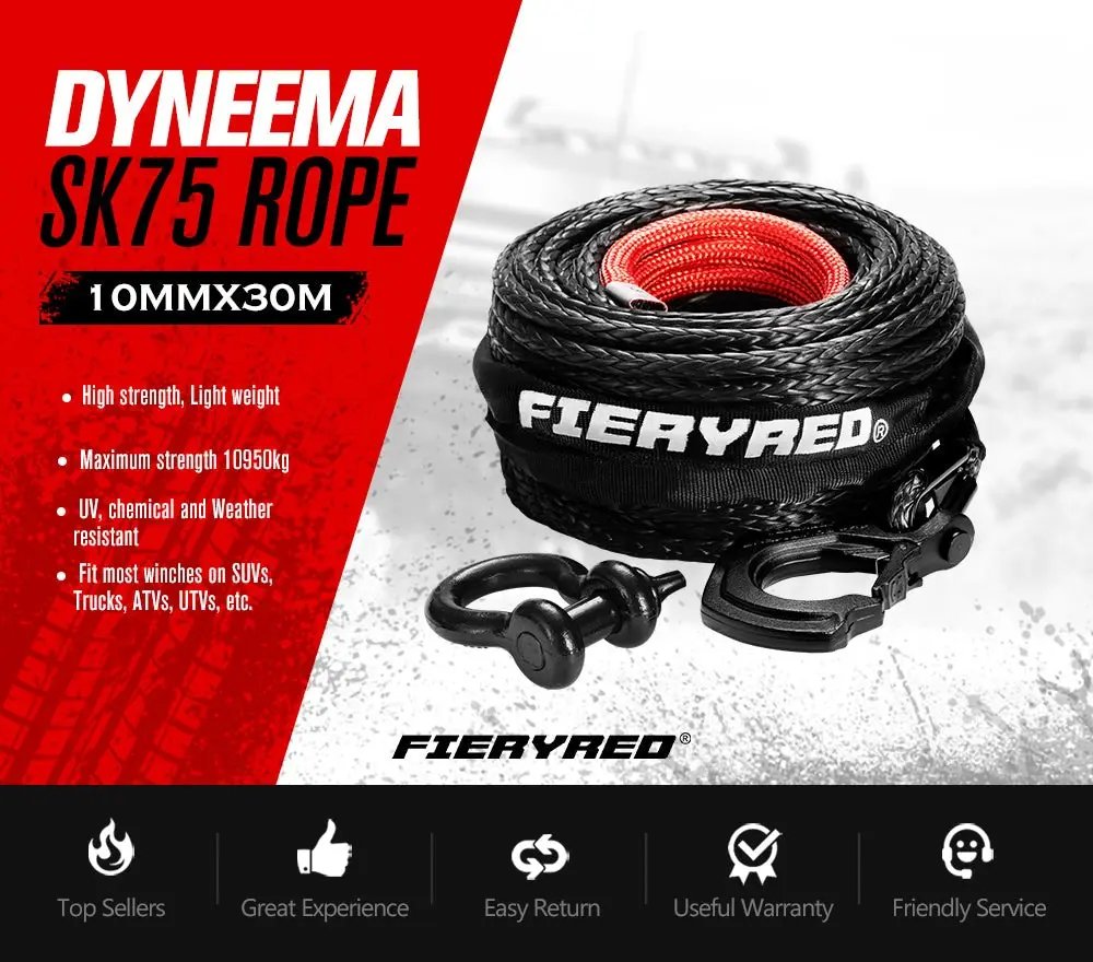 FIERYRED 10MM X 30M Synthetic Winch Rope 4 FIERYRED 10MM X 30M Synthetic Winch Rope - Image 2